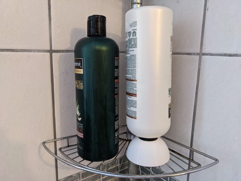 Upside down shampoo stand in use.